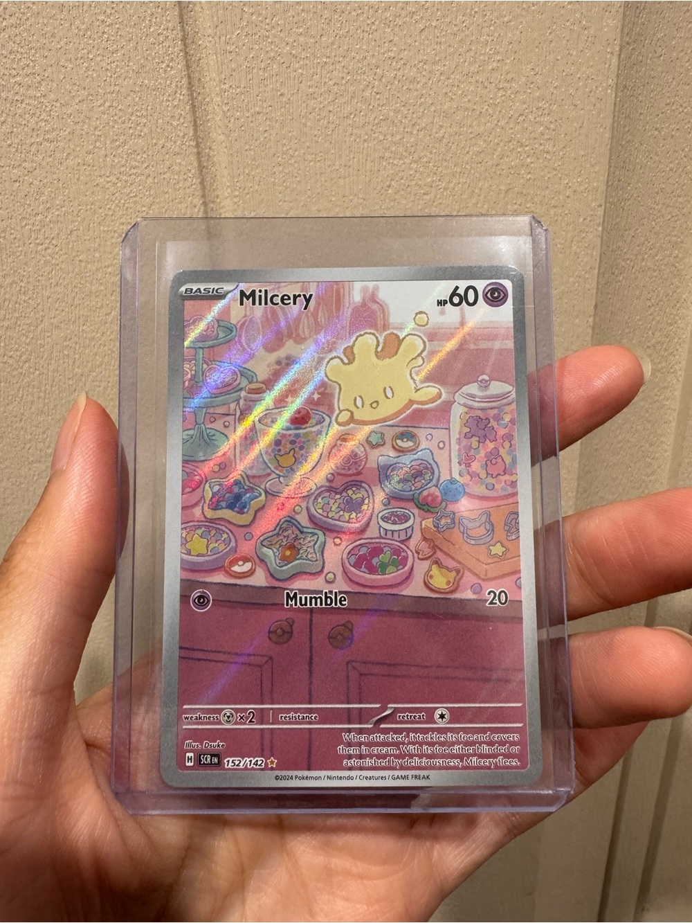 Pokemon Milcery Holo Pastel Pink & Yellow Trading Card